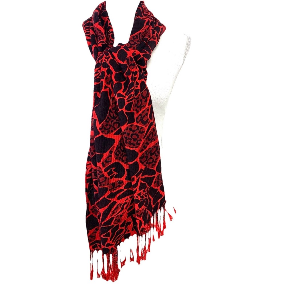 Pashmina Scarf Wrap Red Animal Print Fringe Throw Boho Layer‎  25" by 70"
